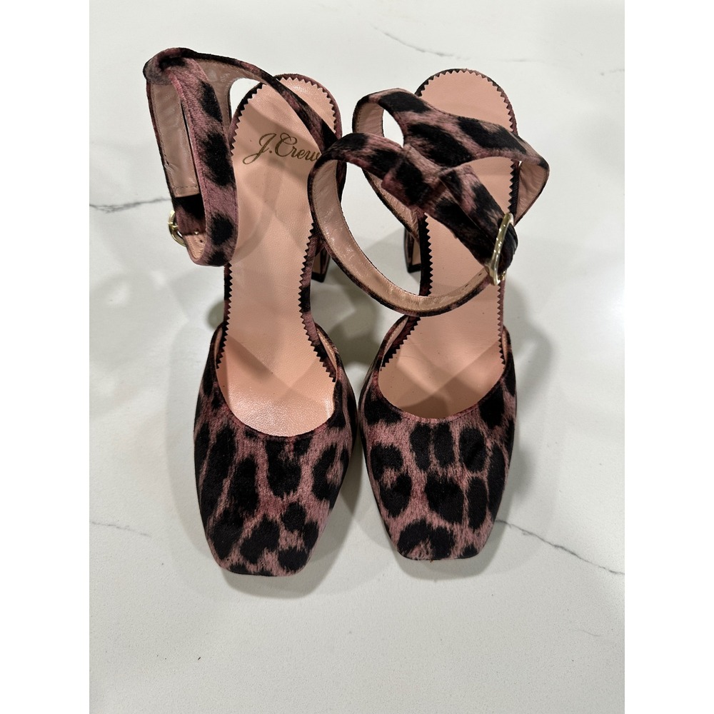 J.Crew Leopard Velvet Ankle Strap Block Heel Pumps Mauve Black Made in Italy 5